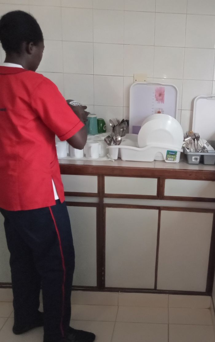 Cleaner disinfecting a washroom toilet